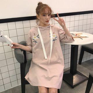 Embroidered Elbow-sleeve Hooded T-shirt Dress