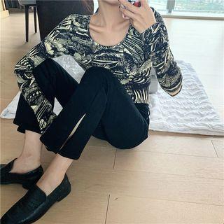 Plain Loose-fit Knit Vest / Print Long-sleeve Dress / Plain Boot-cut Jeans