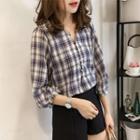 3/4-sleeve Plaid V-neck Buttoned Blouse