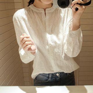 Mandarin-collar Eyelet Shirt