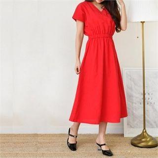 V-neck Band-waist A-line Long Dress
