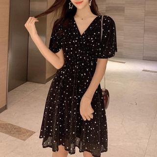 Short-sleeve Star Sequined A-line Dress