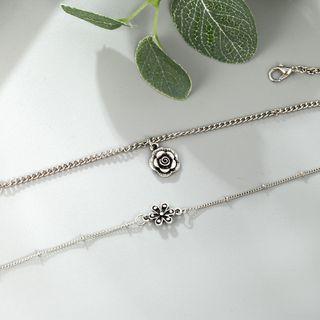 Set Of 2 : Flower Alloy Anklet / Bracelet Set Of 2 - Silver - One Size