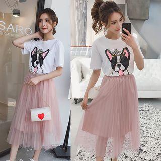 Set: Dog Print Short-sleeve T-shirt + Mesh Midi Skirt