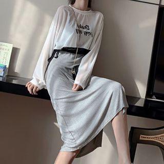 Set: Long-sleeve Lettering Top + Spaghetti Strap Midi Dress
