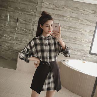 Set: Long-sleeve Plaid Shirt Dress + Slit A-line Skirt