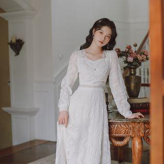 Square Neck Long-sleeve Lace Dress