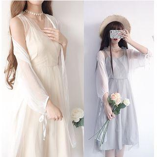 Sleeveless A-line Mesh Dress / Elbow-sleeve Light Jacket