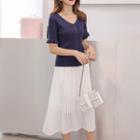 Set: V-neck Short-sleeve Knit Top + Midi Accordion Pleat Skirt