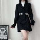Long-sleeve Mock-neck Lettering T-shirt / Cropped Blazer / Mini A-line Skirt