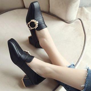 Faux Leather Buckled Chunky Heel Loafers