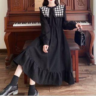 Checkerboard Collar Panel Midi A-line Dress