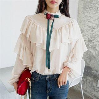 Mandarin-collar Frilled Blouse With Brooch