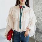 Mandarin-collar Frilled Blouse With Brooch