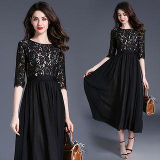 Gathered-waist 3/4-sleeve Crewneck Panel Slim Lace Sheath Dress