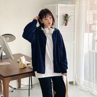 Collared Rib-knit Zip-up Cardigan