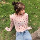 Long-sleeve Floral Printed T-shirt As Shown In Figure - One Size