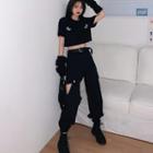 Butterfly Print Removable Sleeve Cropped T-shirt / Asymmetric Cutout Cargo Pants