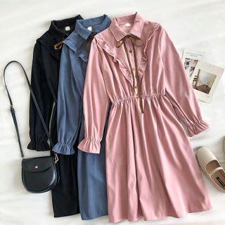Plain Lace-up Ruffled-trim Long-sleeve Corduroy Dress