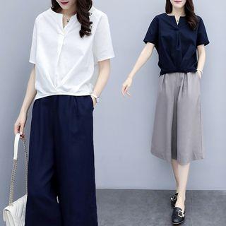 Set: Short-sleeve Blouse + Crop Wide Leg Pants