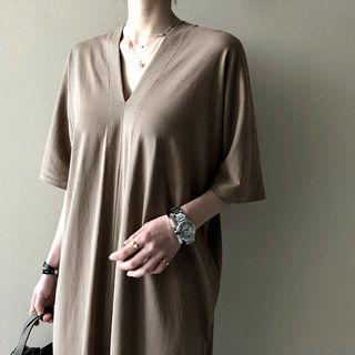 V-neck Elbow-sleeve Long T-shirt Dress