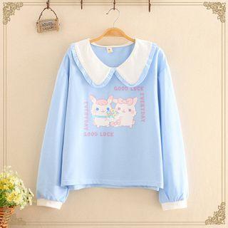 Color-block Collar Rabbit Print Long-sleeve Top