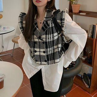 Mock Two-piece Plaid Panel Blouse Plaid Panel - Black & White - One Size