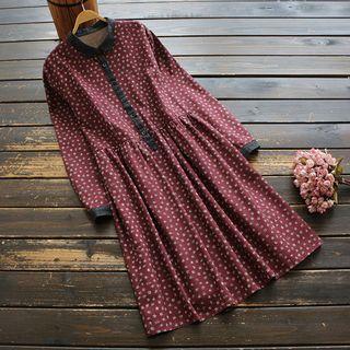 Long-sleeve Buttoned Patterned A-line Dress