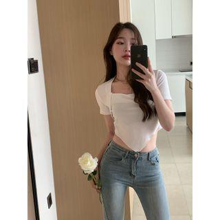 Mock Two-piece Short-sleeve Square Neck Cropped T-shirt