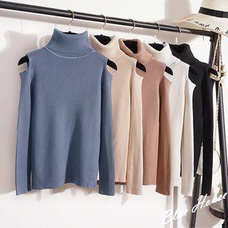 Long-sleeve Turtleneck Cold-shoulder Knit Top