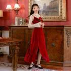 Set: Long-sleeve Lace Top + Maxi A-line Velvet Pinafore Dress