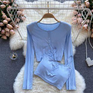 Set Of 2 : Round-neck Long-sleeve Jacket + Cropped Suspender Top