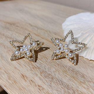 Rhinestone Star Faux Pearl Earring 1 Pair - As Shown In Figure - One Size