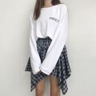 Lettering Long-sleeve T-shirt / Asymmetric Plaid A-line Skirt