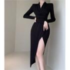 Long-sleeve Asymmetrical Slit Sheath Dress Dress - Black - One Size