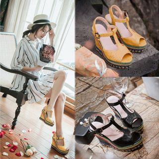 Faux-leather Woven Wedge Sandals