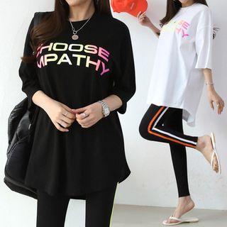 Set: Letter Print T-shirt + Contrast-trim Leggings