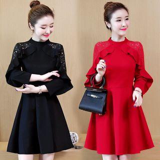 Long-sleeve Ruffled Lace-panel Mini A-line Dress