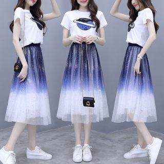 Set: Short-sleeve Sequin Planet T-shirt + Gradient Mesh Skirt