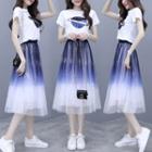 Set: Short-sleeve Sequin Planet T-shirt + Gradient Mesh Skirt