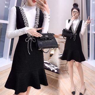 Set: Long-sleeve Top + Ruffle Hem Mini A-line Overall Dress