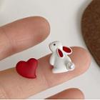 Rabbit Heart Acrylic Asymmetrical Earring 1 Pair - Silver Stud - White & Red - One Size