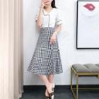 Set: Short-sleeve Chiffon Top + Midi Plaid A-line Skirt