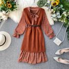 Set: Long-sleeve Floral-print Midi A-line Dress + Knit Vest