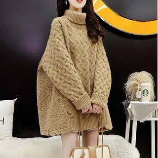 Turtleneck Fleece Panel Cable Knit Sweater