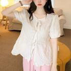 Short-sleeve Tie-front Lace Blouse Beige Almond - One Size