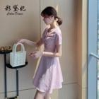 Gingham Short-sleeve Drawstring Mini A-line Dress
