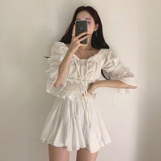 Set: 3/4-sleeve Ruffled Top + A-line Mini Skirt