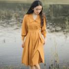Buttoned A-line Dress With Sash