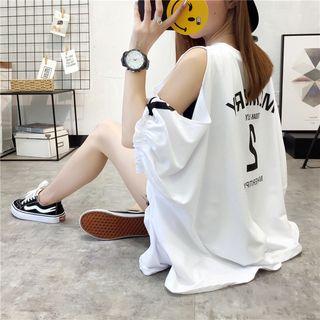Lettering Elbow-sleeve Cold Shoulder T-shirt